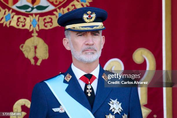 King Felipe VI of Spain attends the National Day Military Parade on October 12, 2023 in Madrid, Spain.