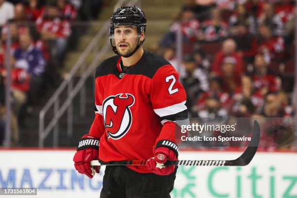 New Jersey Devils defenseman Brendan Smith looks on during a game between the Arizona Coyotes and New Jersey Devils on October 13, 2023 at Prudential...