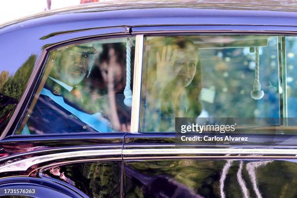 King Felipe VI of Spain and Queen Letizia of Spain attend the National Day Military Parade on October 12, 2023 in Madrid, Spain.