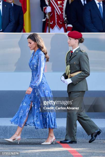 Crown Princess Leonor of Spain and Queen Letizia of Spain attend the National Day Military Parade on October 12, 2023 in Madrid, Spain.