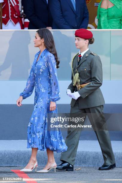 Crown Princess Leonor of Spain and Queen Letizia of Spain attend the National Day Military Parade on October 12, 2023 in Madrid, Spain.