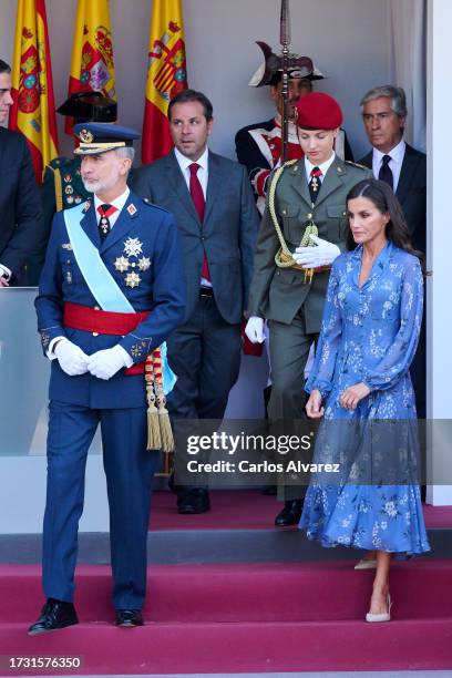 Crown Princess Leonor of Spain, King Felipe VI of Spain and Queen Letizia of Spain attend the National Day Military Parade on October 12, 2023 in...