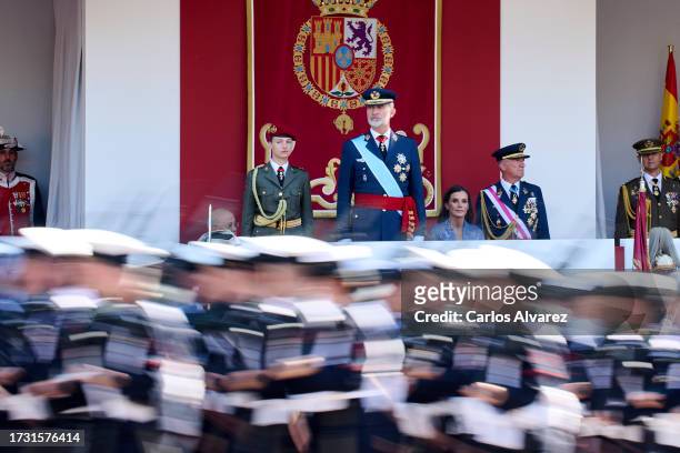 Crown Princess Leonor of Spain, King Felipe VI of Spain and Queen Letizia of Spain attend the National Day Military Parade on October 12, 2023 in...