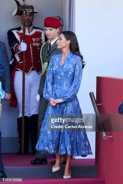 Crown Princess Leonor of Spain and Queen Letizia of Spain attend the National Day Military Parade on October 12, 2023 in Madrid, Spain.