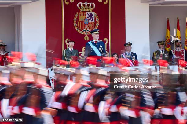 Crown Princess Leonor of Spain, King Felipe VI of Spain and Queen Letizia of Spain attend the National Day Military Parade on October 12, 2023 in...