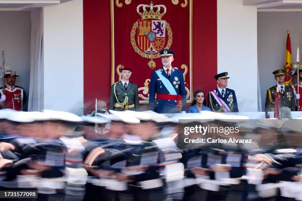 Crown Princess Leonor of Spain, King Felipe VI of Spain and Queen Letizia of Spain attend the National Day Military Parade on October 12, 2023 in...