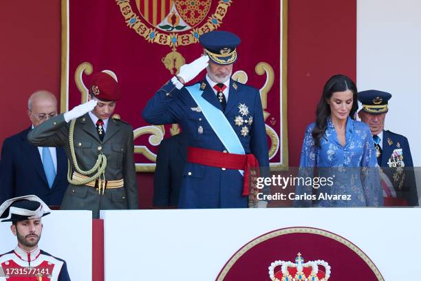 Crown Princess Leonor of Spain, King Felipe VI of Spain and Queen Letizia of Spain attend the National Day Military Parade on October 12, 2023 in...