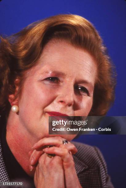 Portrait of Margaret Thatcher at a meeting in 1976, while running to be head of the Conservative Party in Great Britain on March 10, 1976.