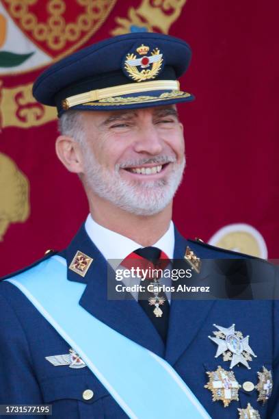 King Felipe VI of Spain attends the National Day Military Parade on October 12, 2023 in Madrid, Spain.