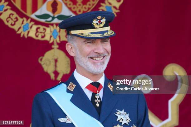 King Felipe VI of Spain attends the National Day Military Parade on October 12, 2023 in Madrid, Spain.