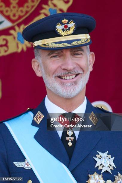 King Felipe VI of Spain attends the National Day Military Parade on October 12, 2023 in Madrid, Spain.