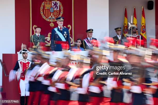 Crown Princess Leonor of Spain, King Felipe VI of Spain and Queen Letizia of Spain attend the National Day Military Parade on October 12, 2023 in...