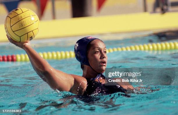 United States Olympic Waterpolo Team Member Brenda Villa game action, July 8, 2000 in Los Alamitos, California.