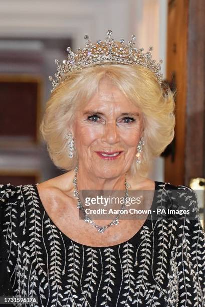 Queen Camilla arrives to attend a dinner at Mansion House in London, to recognise the work of the City of London civic institutions and Livery...