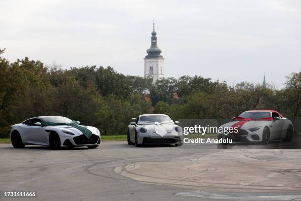 Cars with cravat being tied on are on display during a ceremony held on World Cravat Day in Zagreb, Croatia on October 18, 2023. The forerunner to...