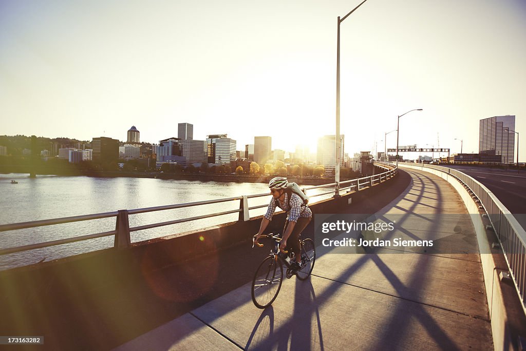 A man bike commuting.