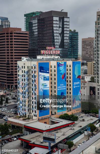 The Hotel Figueroa, located near the L.A. Live Complex off Olympic Blvd, is viewed from the J.W. Marriott Hotel on September 18 in Los Angeles,...