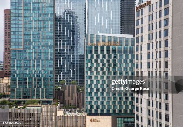 High-rise condominiums and office buildlings along Olympic Blvd are viewed on September 18 in Los Angeles, California. L.A. Live is an entertainment...