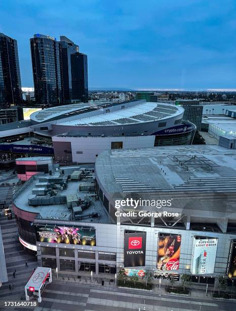 The exterior of Crypto.com Arena is viewed on September 18 in Los Angeles, California. L.A. Live is an entertainment complex in the South Park...
