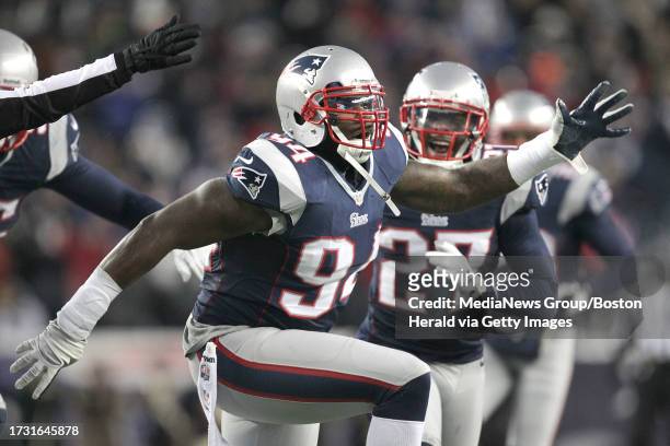 New England Patriots defensive end Justin Francis reacts after sacking Miami Dolphins quarterback Ryan Tannehill in the 1st quarter.First quarter...