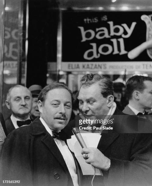 American playwright Tennessee Williams is interviewed at the premiere of 'Baby Doll' at the Victoria Theater, New York City, 18th December 1956. The...