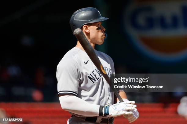 Aaron Judge of the New York Yankees waits for a pitch during an at-bat in the first inning of game one of a doubleheader against the Boston Red Sox...