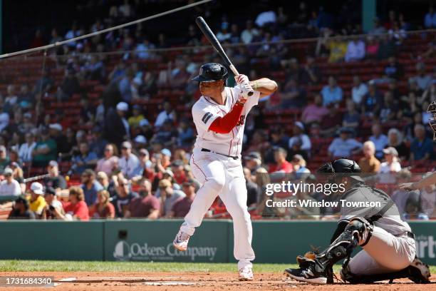 Rafael Devers of the Boston Red Sox waits for a pitch during an at-bat against the New York Yankees in the first inning of game one of a doubleheader...