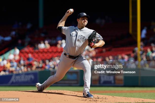 Michael King of the New York Yankees pitches against the Boston Red Sox during the first inning of game one of a doubleheader at Fenway Park on...