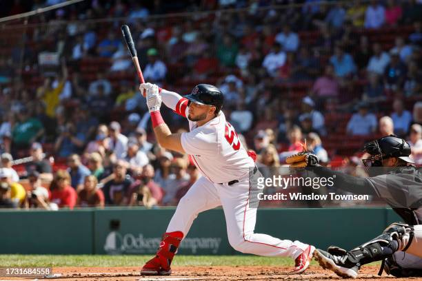 Wilyer Abreu of the Boston Red Sox follows through on a hit against the New York Yankees during the first inning of game one of a doubleheader at...