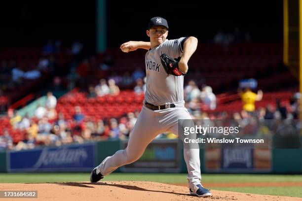Michael King of the New York Yankees pitches against the Boston Red Sox during the first inning of game one of a doubleheader at Fenway Park on...