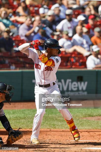 Ceddanne Rafaela of the Boston Red Sox waits for a pitch during an at-bat against the New York Yankees in the first inning of game one of a...