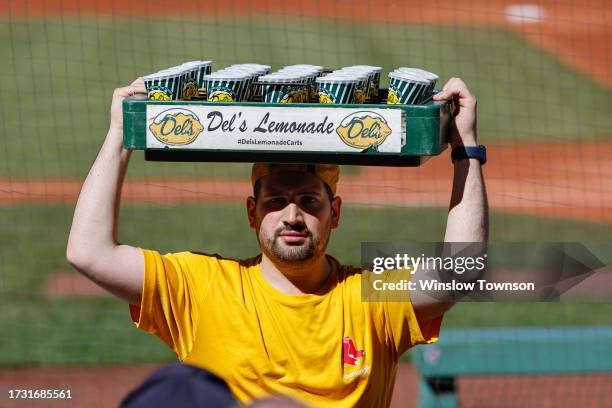 Dels Lemonade vendor during the first inning of game one of a doubleheader between the Boston Red Sox and the New York Yankees at Fenway Park on...