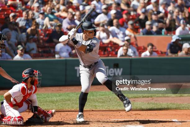 Aaron Judge of the New York Yankees waits for a pitch during an at-bat against the Boston Red Sox in the first inning of game one of a doubleheader...