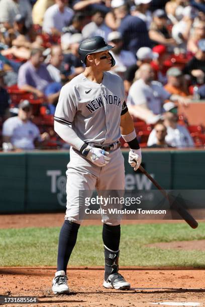 Aaron Judge of the New York Yankees waits for a pitch during an at-bat against the Boston Red Sox in the first inning of game one of a doubleheader...