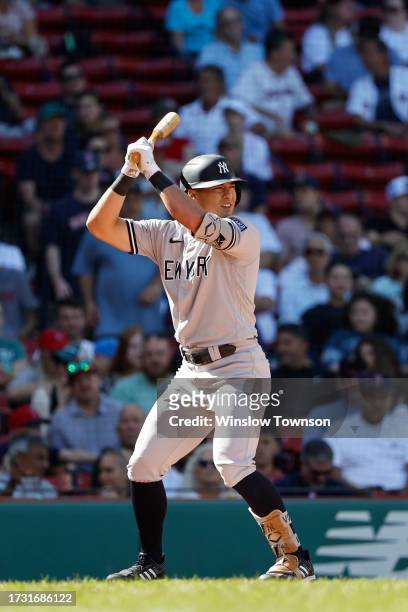 Anthony Volpe of the New York Yankees waits for a pitch during an at-bat against the Boston Red Sox in the sixth inning of game one of a doubleheader...