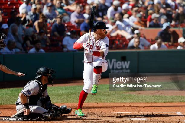 Justin Turner of the Boston Red Sox waits for a pitch during an at-bat against the New York Yankees in the first inning of game one of a doubleheader...