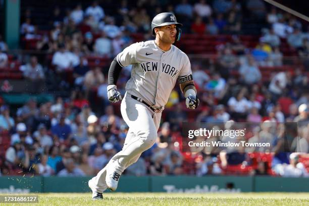 Gleyber Torres of the New York Yankees rounds the bases after a home run against the Boston Red Sox during the sixth inning of game one of a...