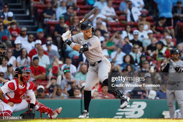 Aaron Judge of the New York Yankees waits for a pitch during an at-bat against the Boston Red Sox in the sixth inning of game one of a doubleheader...