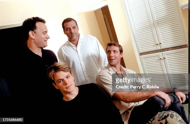 Actors Tom Hanks, Tom Sizemore, Edward Burns and Matt Damon are photographed for Los Angeles Times on June 28, 1998 in Pasadena, California....