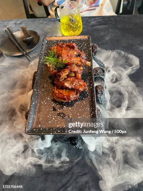 high angle view of meat on table,jinan,shandong,china - jinan city stock pictures, royalty-free photos & images