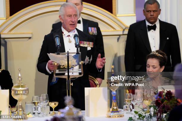 King Charles III addresses assembled guests at a reception and dinner in honour of the Coronation at Mansion House on October 18, 2023 in London,...