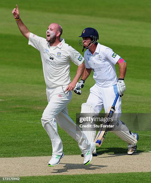 Durham bowler Chris Rushworth celebrates after taking the wicket of Derbyshire batsman Richard Johnson during day two of the LV County Championship...