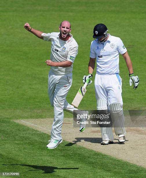 Durham bowler Chris Rushworth celebrates after taking the wicket of Derbyshire batsman Jonathan Clare during day two of the LV County Championship...
