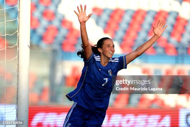 Giulia Galli of Italy celebrates her team's first goal during the 2023/24 UEFA European Women's Under-17 Championship Round 1 match between Italy and...