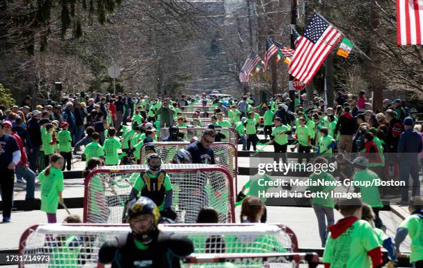 Boston,MA. Area children compete at the annual Shamrock Shootout Street Hockey Tournament on Temple St. In the West Roxbury section of the city,...