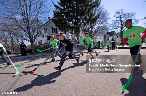 Boston,MA. Area children compete at the annual Shamrock Shootout Street Hockey Tournament on Temple St. In the West Roxbury section of the city,...