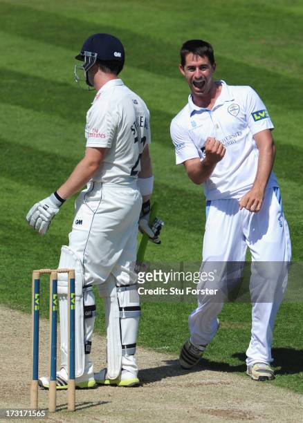 Derbyshire bowler Tim Groeneewald celebrates after dismissing Durham bowler Mark Stoneman during day two of the LV County Championship division One...