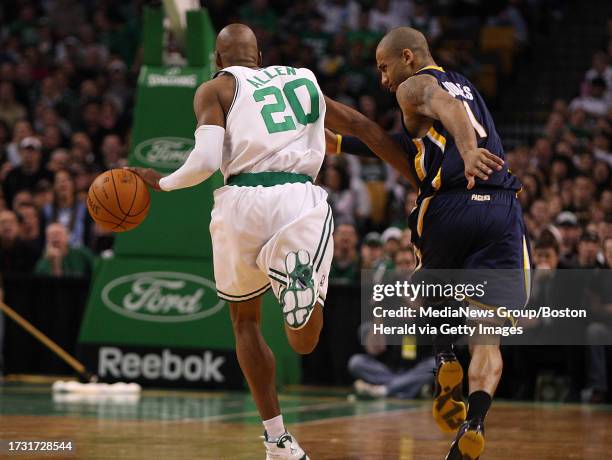 Boston Celtics guard Ray Allen ran off with a steal in the 4th quarter fending off Indiana Pacers guard Dahntay Jones as the Celtics edged the...