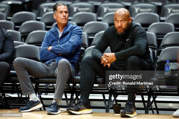 Rob Pelinka and Darvin Ham of the Los Angeles Lakers before a game at Honda Center on October 11, 2023 in Anaheim, California. NOTE TO USER: User...