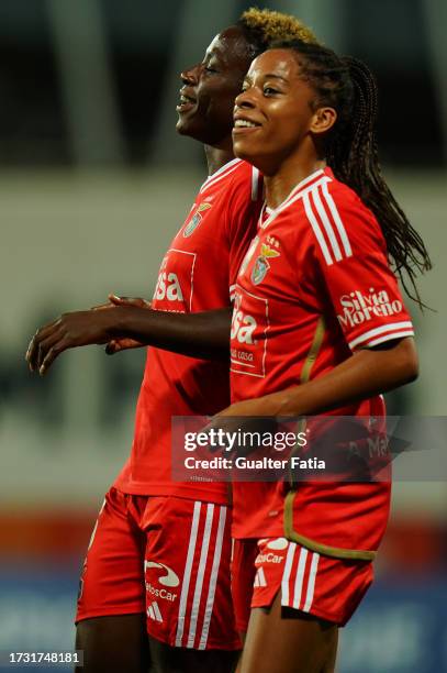 Christy Ucheibe of SL Benfica celebrates with teammate Jessica Silva of SL Benfica after scoring a goal during the UEFA Women's Champions League...